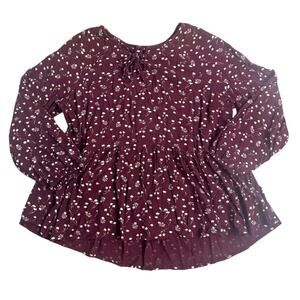 Lucky Brand Boho Floral Peasant Blouse Burgundy Long Sleeve Tiered Top Size L